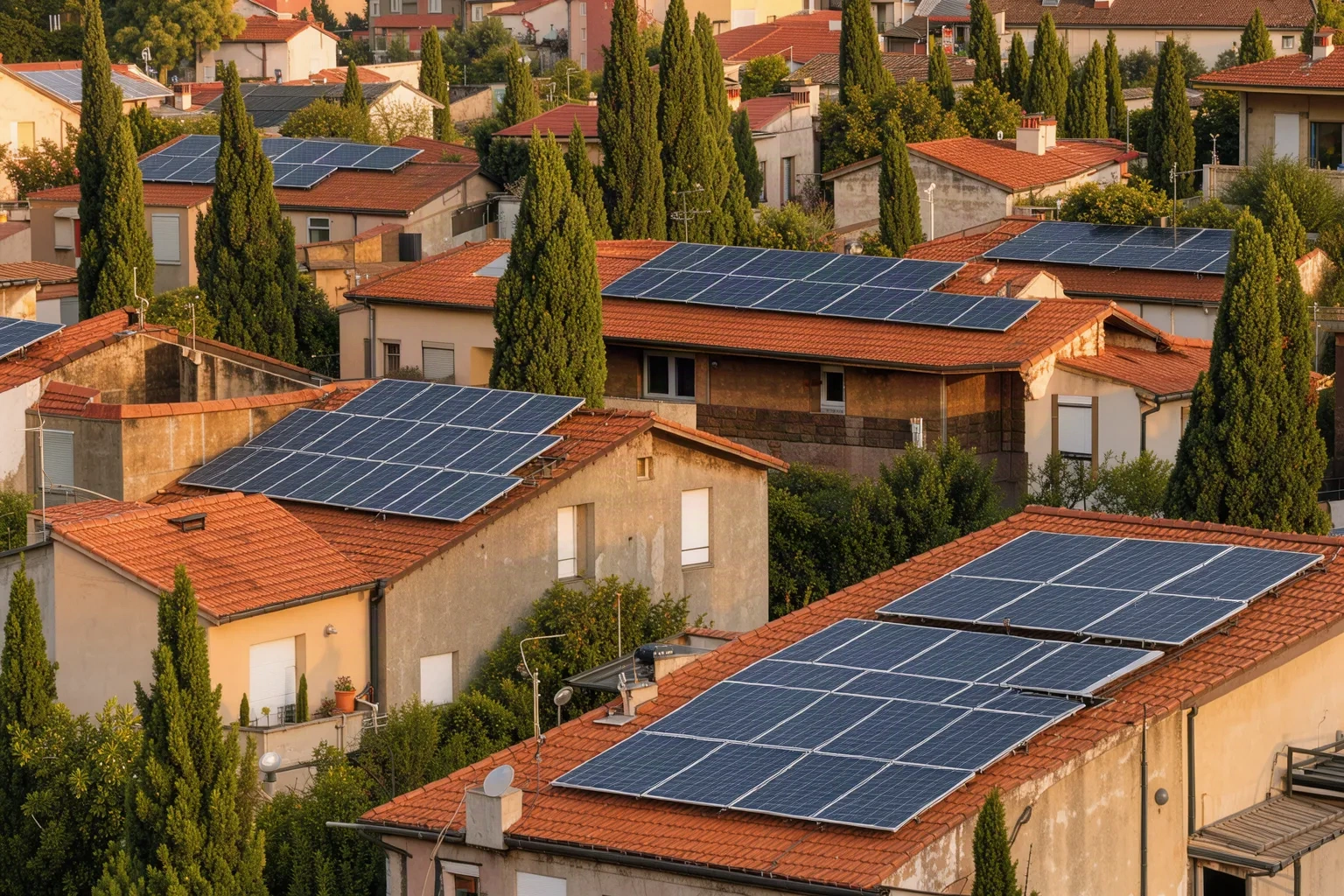 Toits équipés de panneaux solaires dans un quartier italien